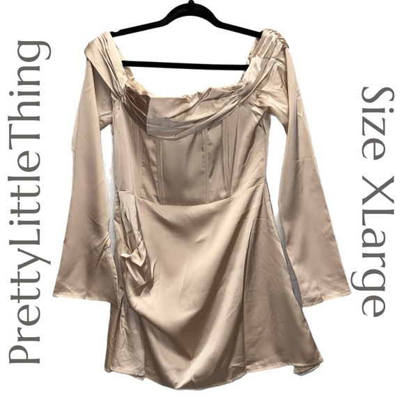 PrettyLittleThing Dresses & Skirts - PrettyLittleThing - Champagne Satin Bardot Pleated Off Shoulder Dress‎ - Size 8